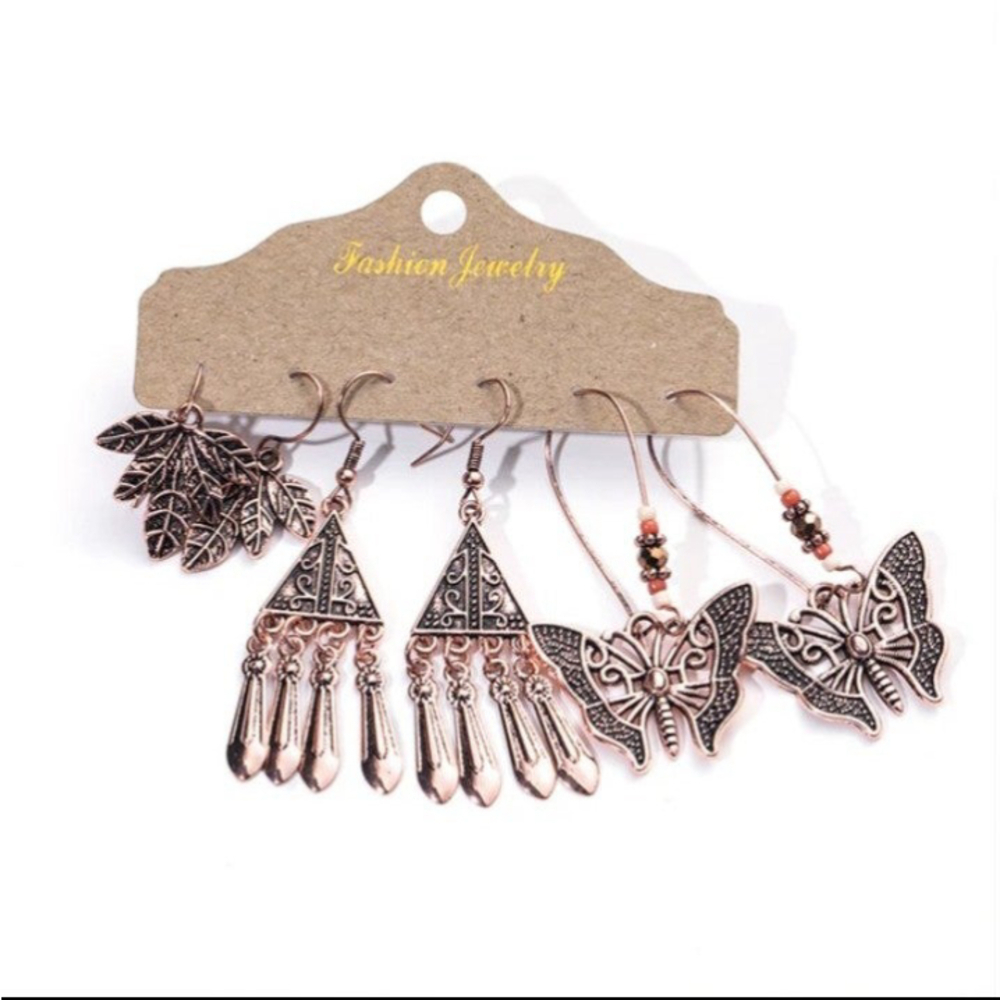Bohemian Tasseled Earrings In Rose Gold Set of 3